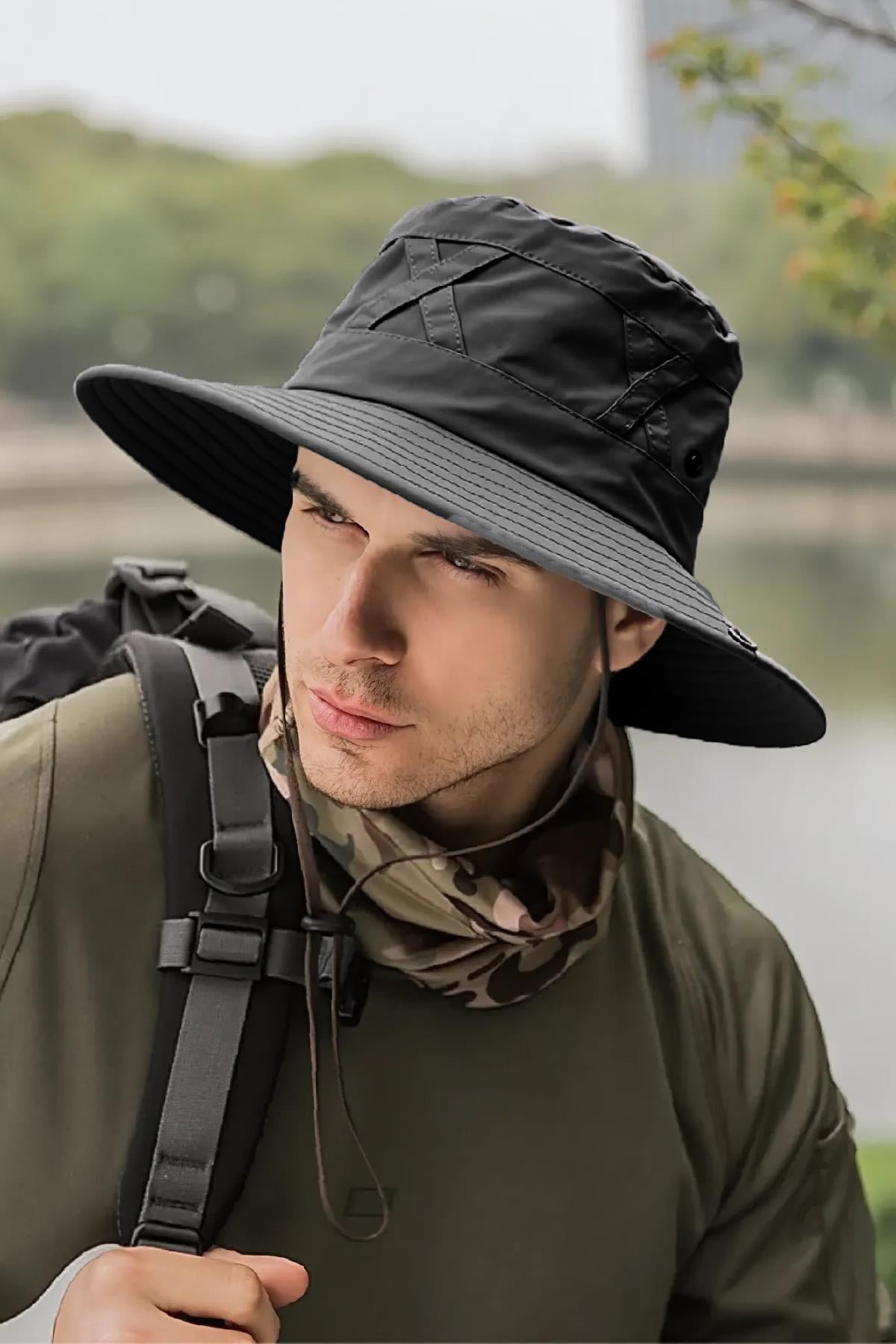 Külah Siyah Outdoor Şapka Uv Korumalı Nefes Alan Safari Şapkası KLH7527