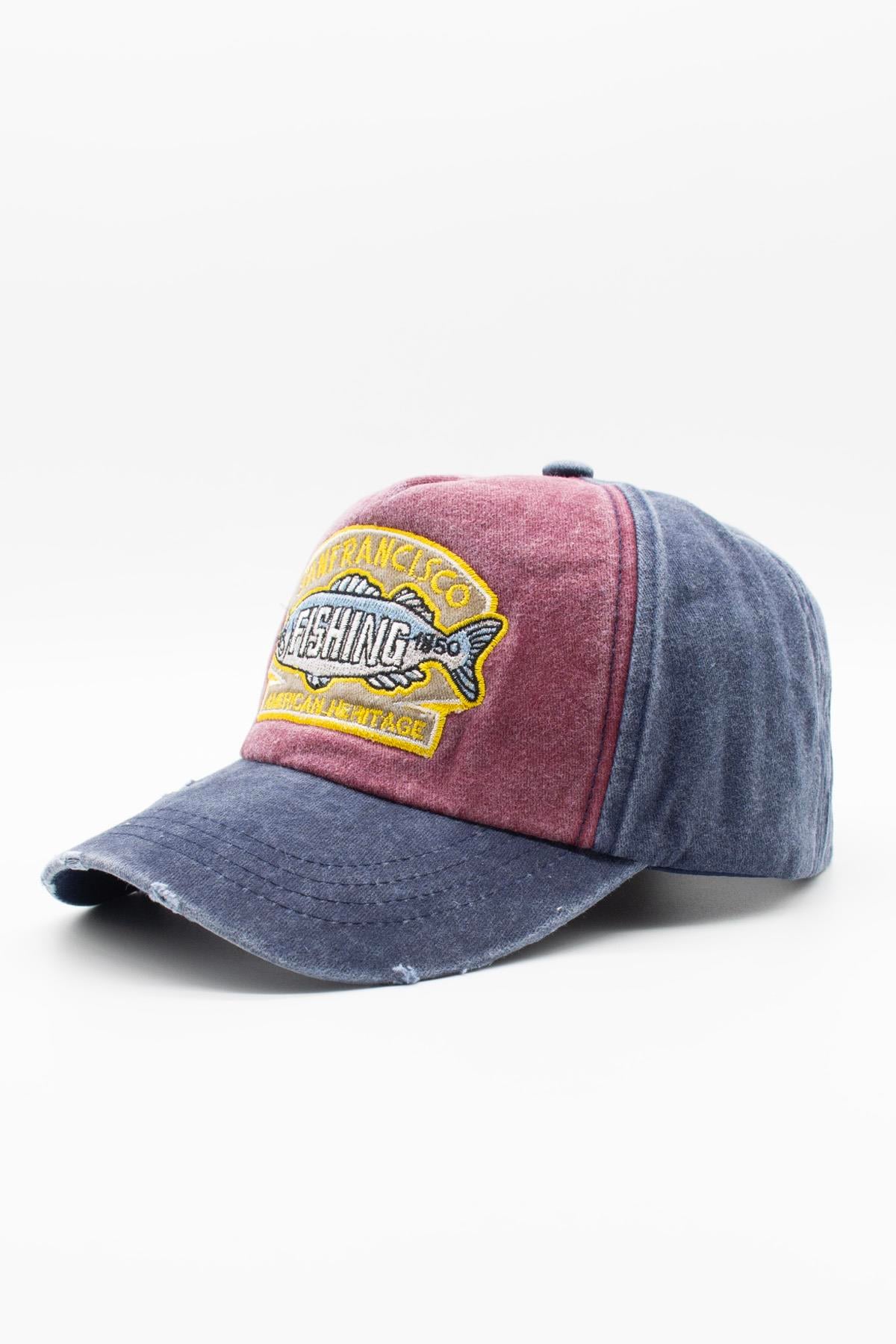 Külah Vintage Eskitme Balık Logolu Denim Şapka | San Francisco Trucker Kep KLH7478