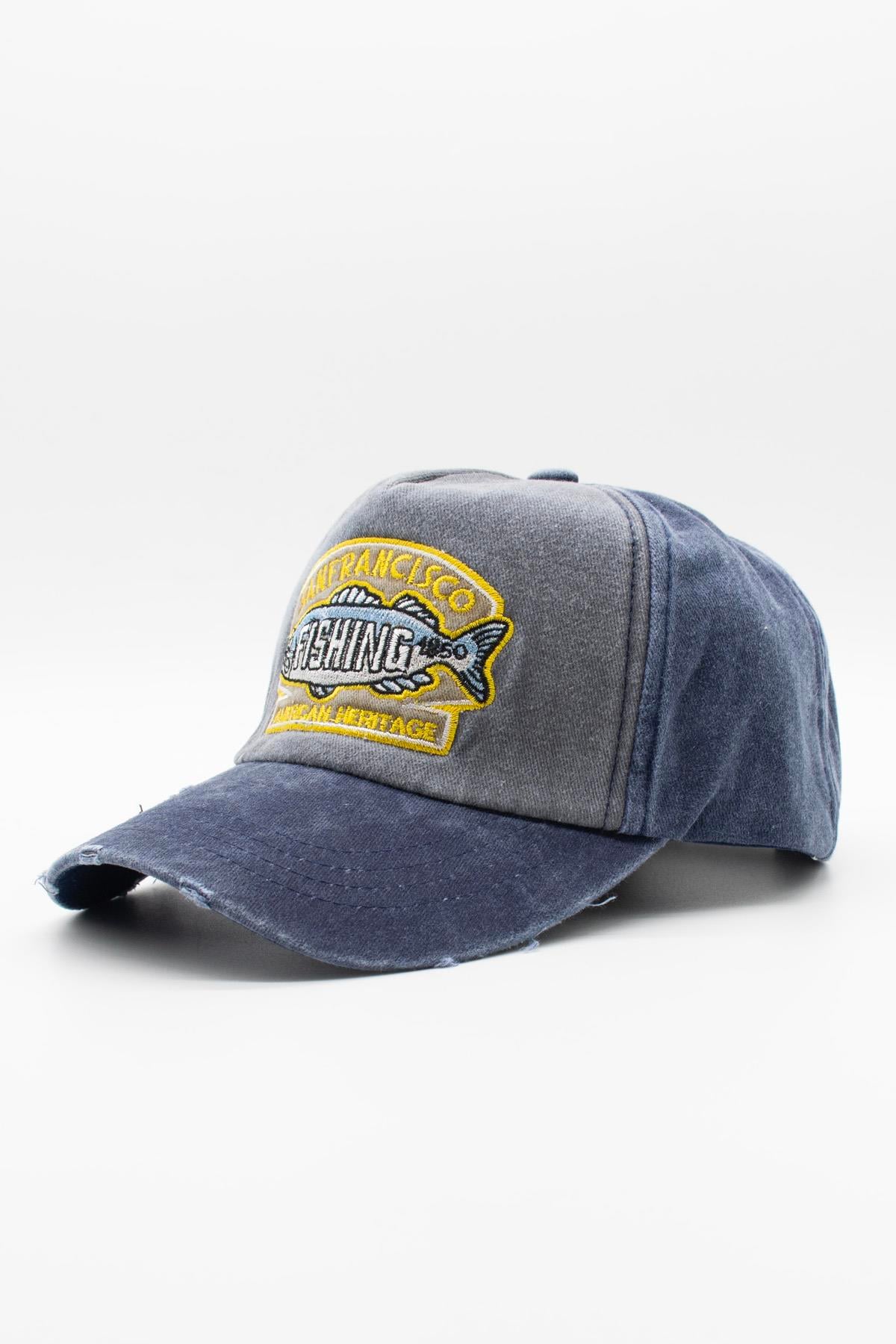 Külah Vintage Eskitme Balık Logolu Denim Şapka | San Francisco Trucker Kep KLH7478