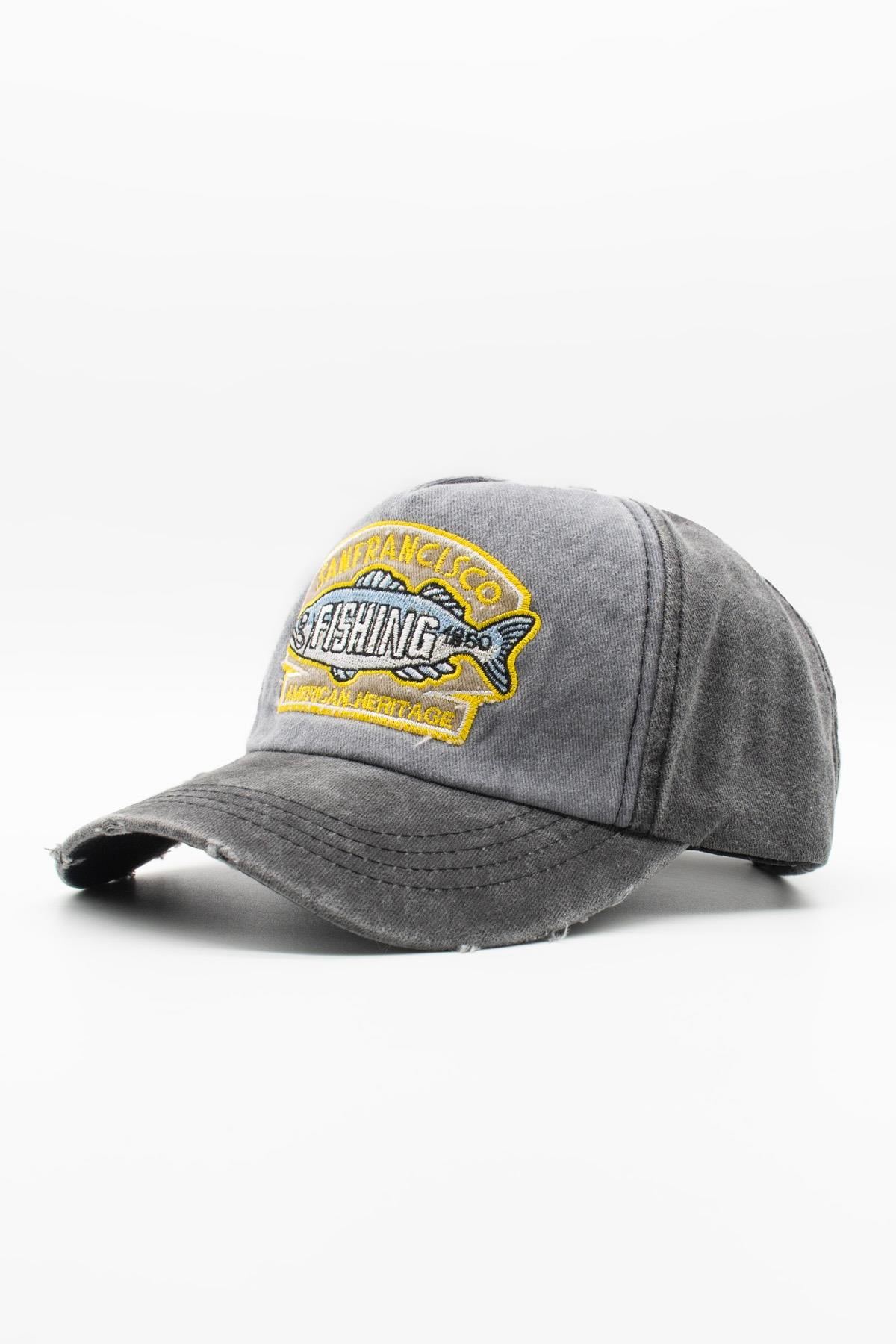 Külah Vintage Eskitme Balık Logolu Denim Şapka | San Francisco Trucker Kep KLH7478
