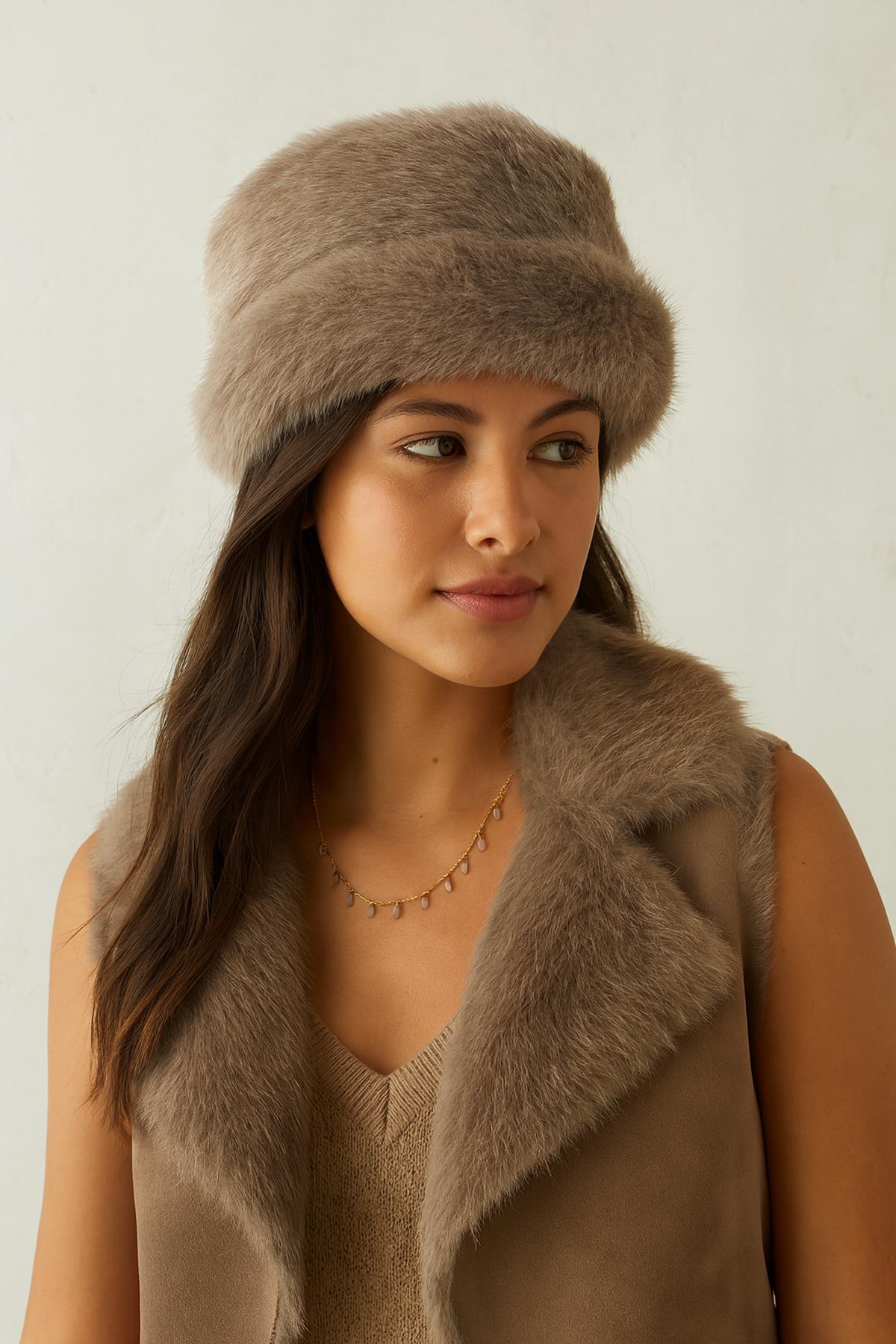 Külah Yuvarlak Suni Kürk Şapka - Kahverengi Kışlık Boho Bucket Hat KLH7550