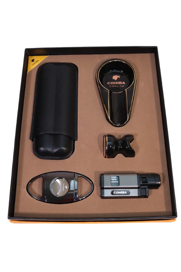 Cohiba 3 Torch Pürmüz Çakmak Kılıf Küllük Kesici Sehpa Siyah Beşli Puro Seti
