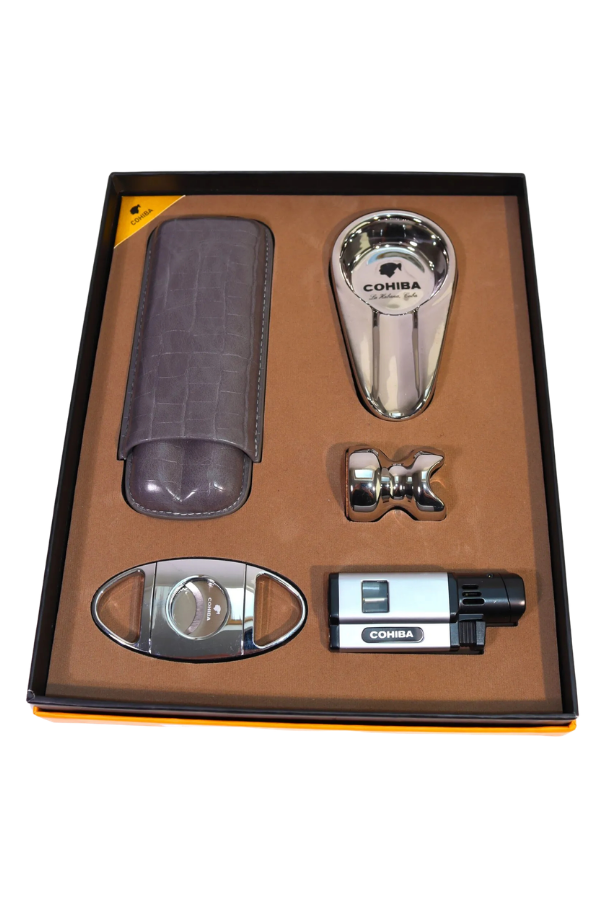 Cohiba 3 Torch Pürmüz Çakmak Kılıf Küllük Kesici Sehpa Gümüş Beşli Puro Seti
