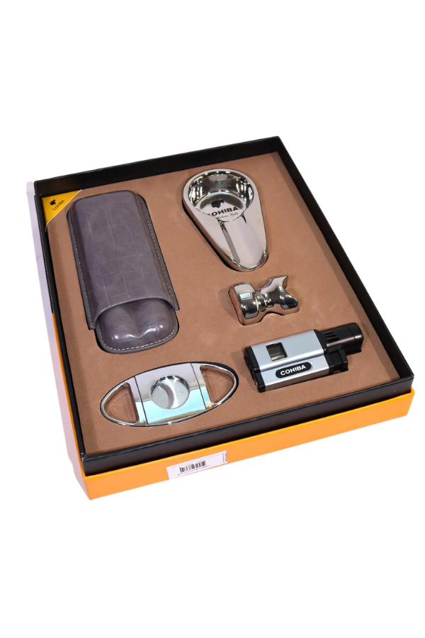 Cohiba 3 Torch Pürmüz Çakmak Kılıf Küllük Kesici Sehpa Gümüş Beşli Puro Seti