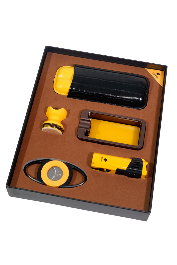 Cohiba Çakmak Kesici Küllük Kılıf Sehpa Beşli Sarı - Siyah Puro Seti