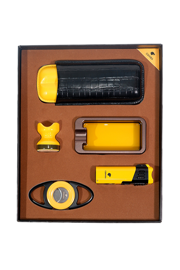 Cohiba Çakmak Kesici Küllük Kılıf Sehpa Beşli Sarı - Siyah Puro Seti