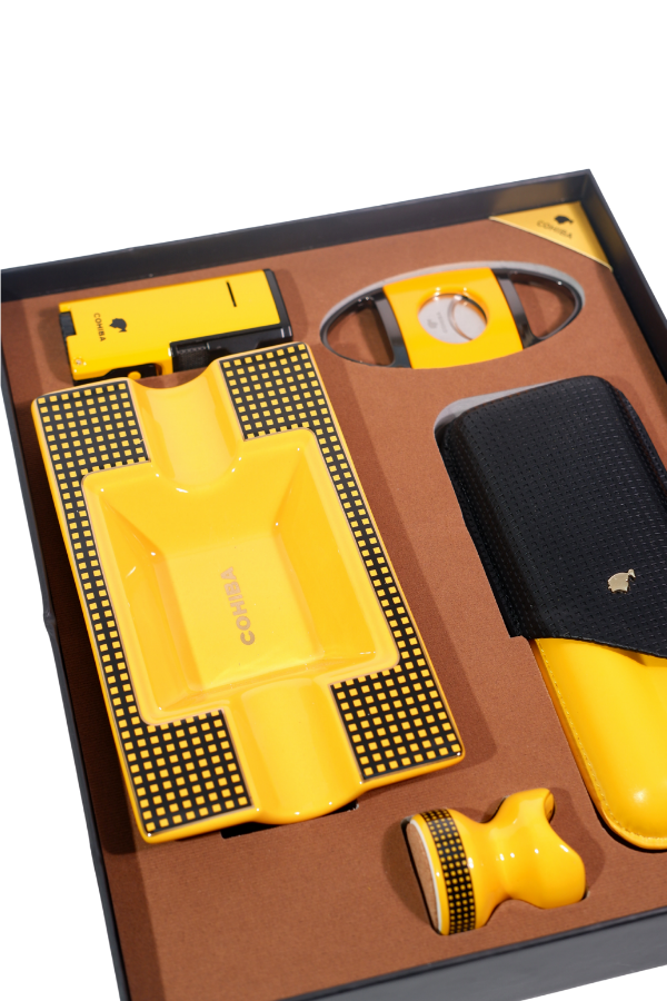 Cohiba Çakmak Kesici Küllük Kılıf Sehpa Beşli Sarı - Siyah Puro Seti