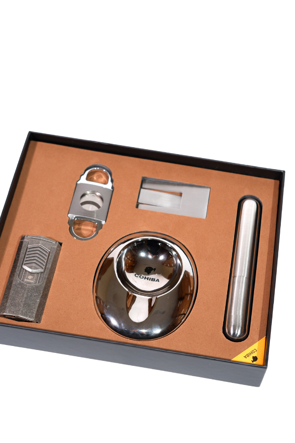 Cohiba Çakmak Kesici Küllük Sehpa Tüp Gümüş Beşli Puro Seti