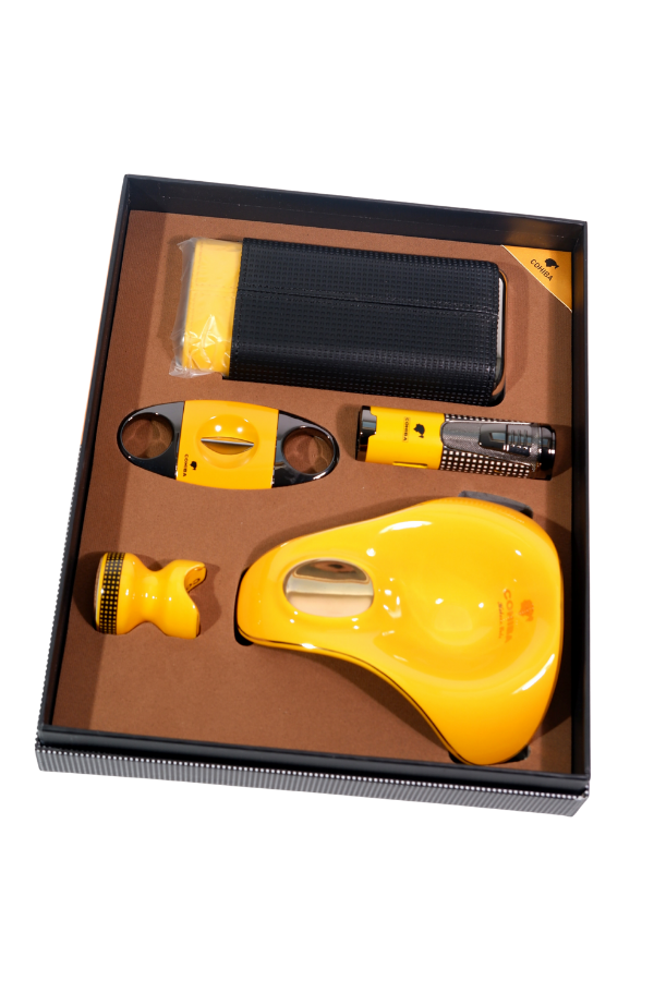 Cohiba Çakmak Kesici Küllük Kılıf Sehpa Beşli Sarı Puro Seti