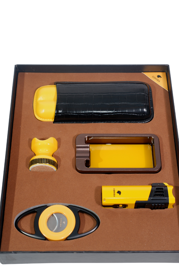 Cohiba Çakmak Kesici Küllük Kılıf Sehpa Beşli Sarı - Siyah Puro Seti