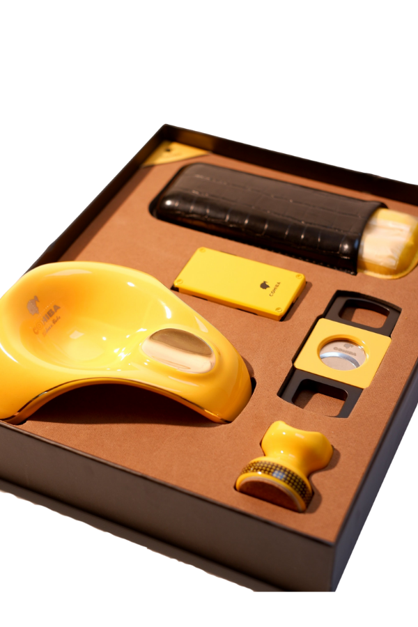 Cohiba Çakmak Kesici Küllük Kılıf Sehpa Beşli Sarı Puro Seti