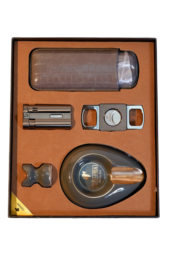 Cohiba Çakmak Kesici Küllük Kılıf Sehpa Beşli Gunmetal Puro Seti