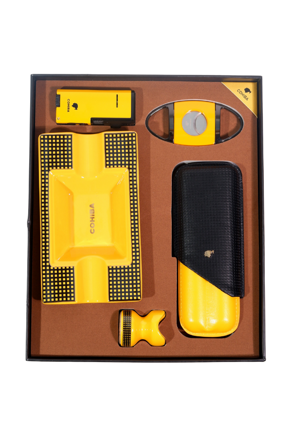 Cohiba Çakmak Kesici Küllük Kılıf Sehpa Beşli Sarı - Siyah Puro Seti