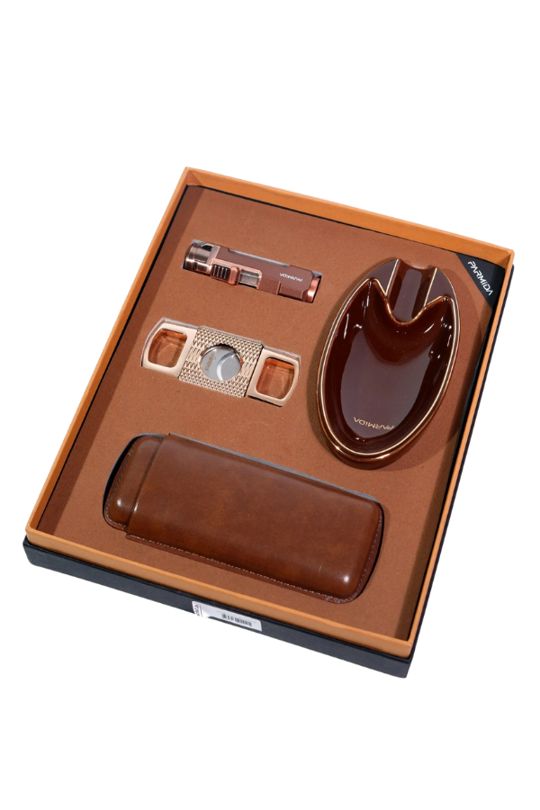 Parmida Çakmak Kesici Küllük Kılıf Dörtlü Kahverengi Puro Seti