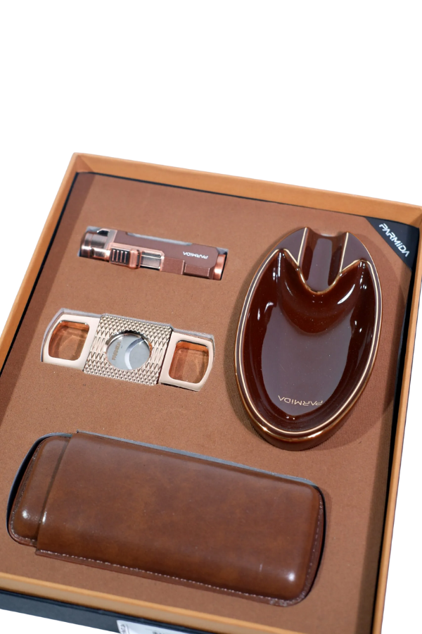 Parmida Çakmak Kesici Küllük Kılıf Dörtlü Kahverengi Puro Seti