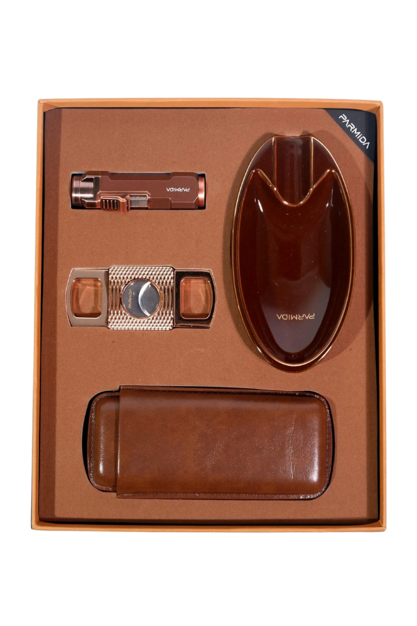 Parmida Çakmak Kesici Küllük Kılıf Dörtlü Kahverengi Puro Seti