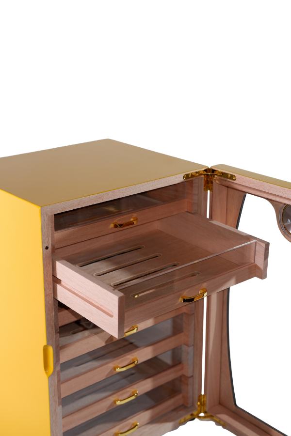 Cohiba Sarı-Gri Nokta Desenli 7 Çekmeceli Sedir Humidor Puro Kutusu