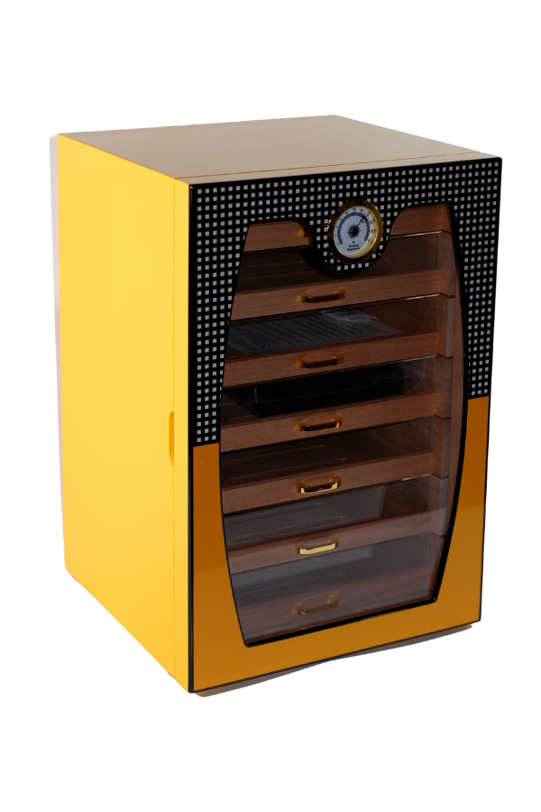 Cohiba Sarı-Gri Nokta Desenli 7 Çekmeceli Sedir Humidor Puro Kutusu