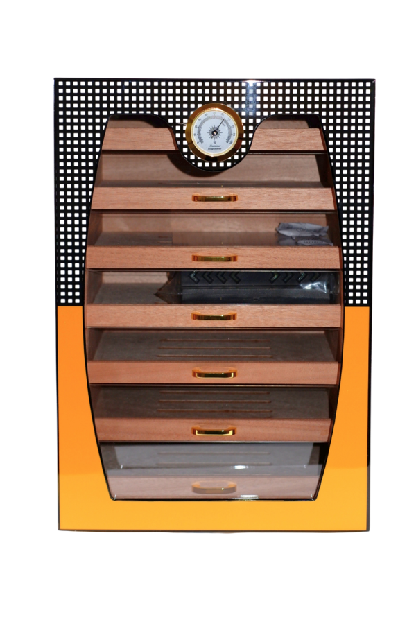Cohiba Sarı-Gri Nokta Desenli 7 Çekmeceli Sedir Humidor Puro Kutusu