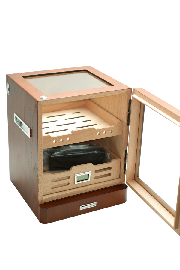 PremiumQuality Sucre Aksesuar Çekmeceli İçi Ledli Kahverengi Sedir Humidor Puro Kutusu