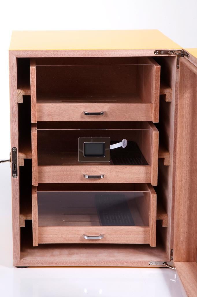 PremiumQuality Sarı Cohiba Desenli 4 Çekmeceli Sedir Humidor Puro Kutusu