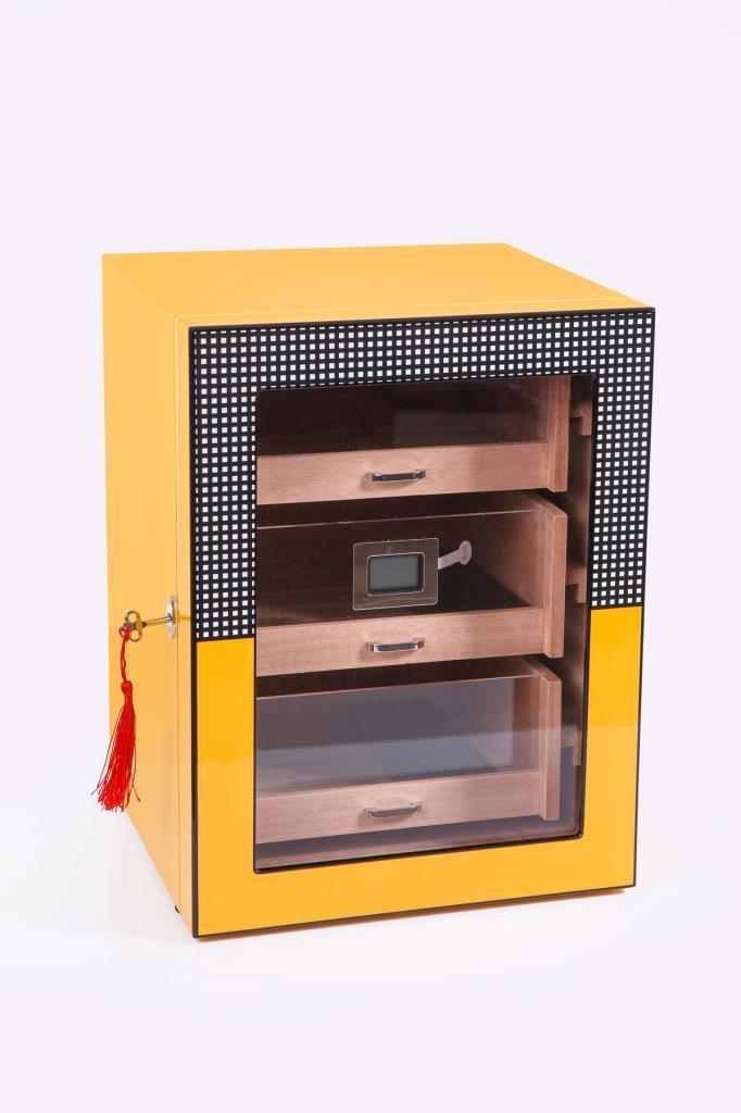 PremiumQuality Sarı Cohiba Desenli 4 Çekmeceli Sedir Humidor Puro Kutusu