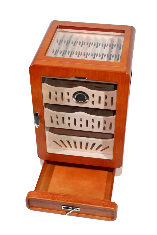 PremiumQuality Ahşap Aksesuar Çekmeceli Camlı Sedir Humidor Puro Kutusu