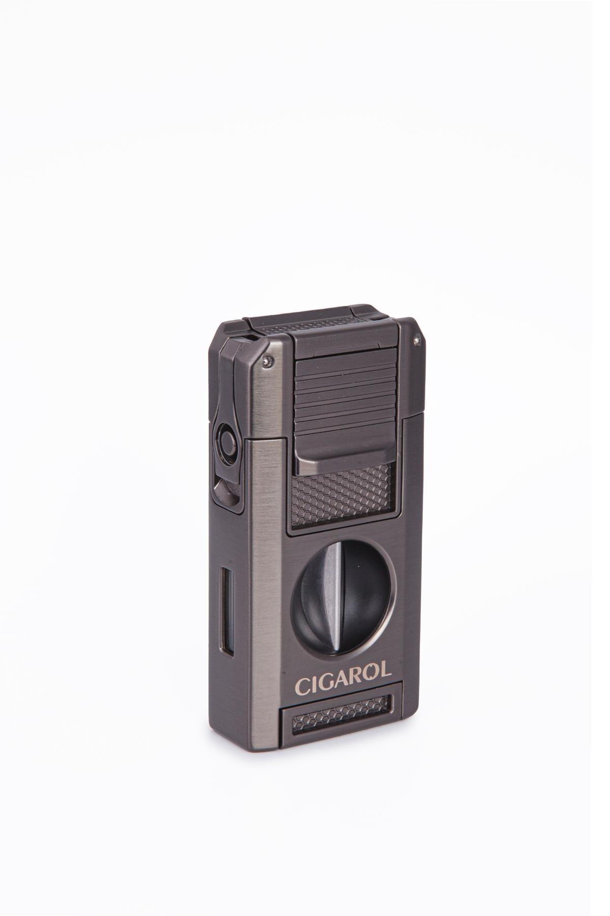 Cigarol Çift Torch Pürmüz Dahili V Kesici & Delicili Gunmetal Metal Puro Çakmağı