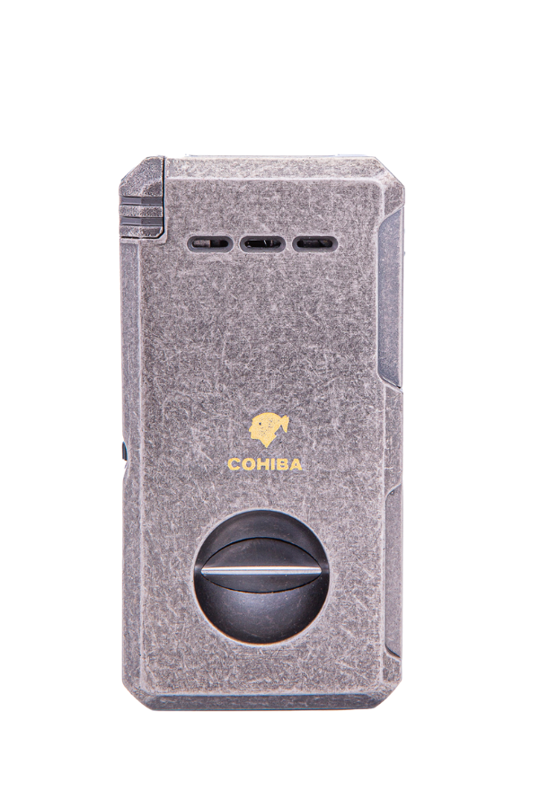 Cohiba Çift Torch Dahili Açıcı & V Kesici Fırçalı Gümüş Metal Puro Çakmağı