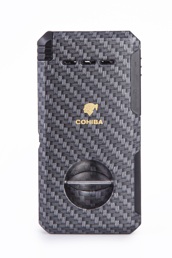 Cohiba Çift Torch Dahili Açıcı & V Kesici Karbon Desenli Metal Puro Çakmağı