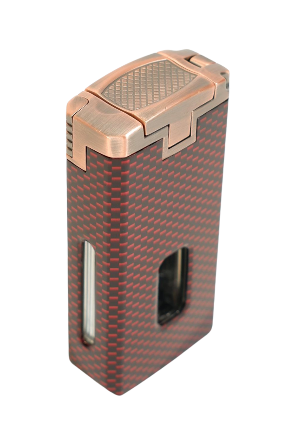 Cohiba Çift Torch Pürmüz Dahili Kesici Delicili Kırmızı Karbon Desenli Bronz Metal Puro Çakmağı