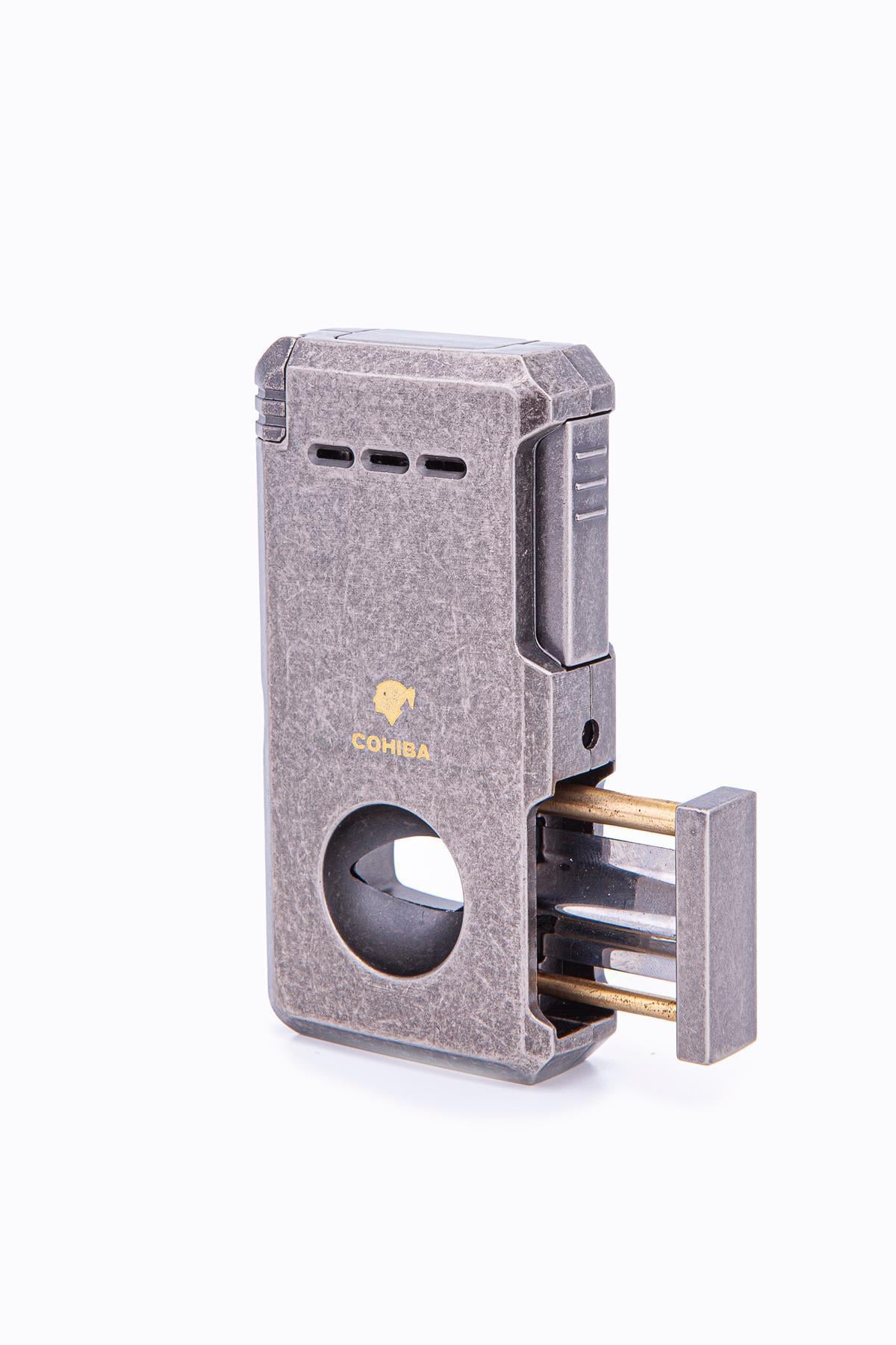 Cohiba Çift Torch Dahili Açıcı & V Kesici Fırçalı Gümüş Metal Puro Çakmağı
