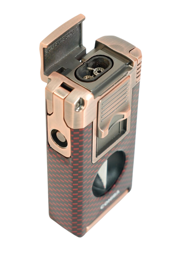 Cohiba Çift Torch Pürmüz Dahili Kesici Delicili Kırmızı Karbon Desenli Bronz Metal Puro Çakmağı