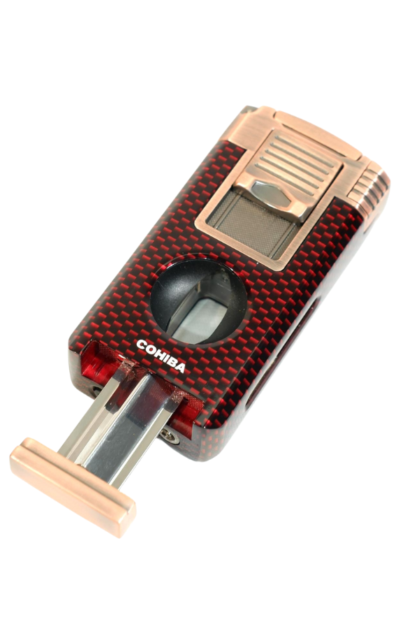 Cohiba Çift Torch Pürmüz Dahili Kesici Delicili Kırmızı Karbon Desenli Bronz Metal Puro Çakmağı