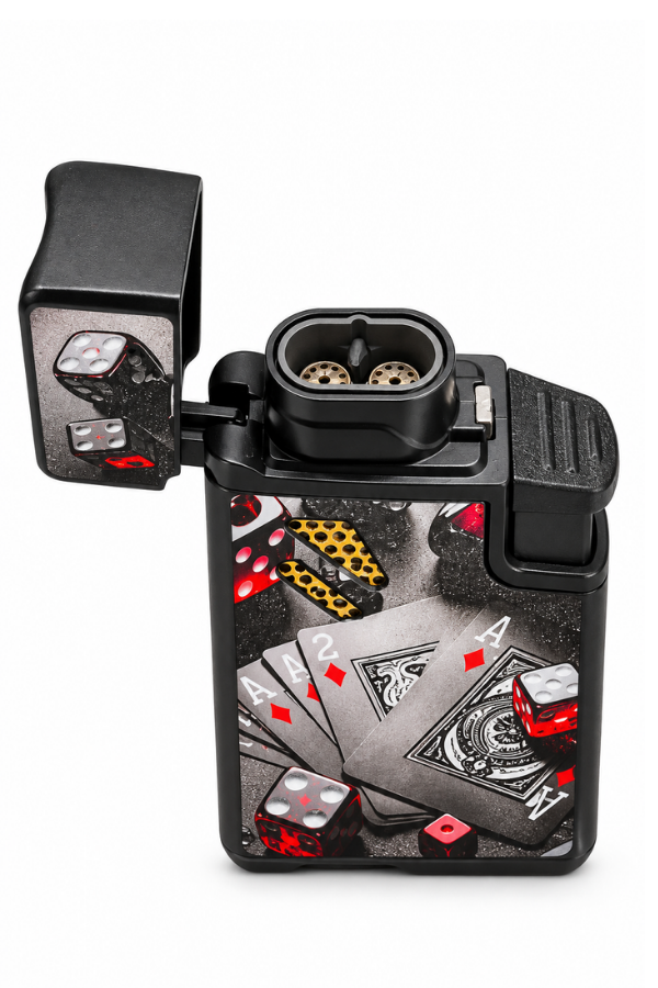 Hunter Çift Torch Pürmüz Ace & Zar Design Siyah Metal Puro Çakmağı