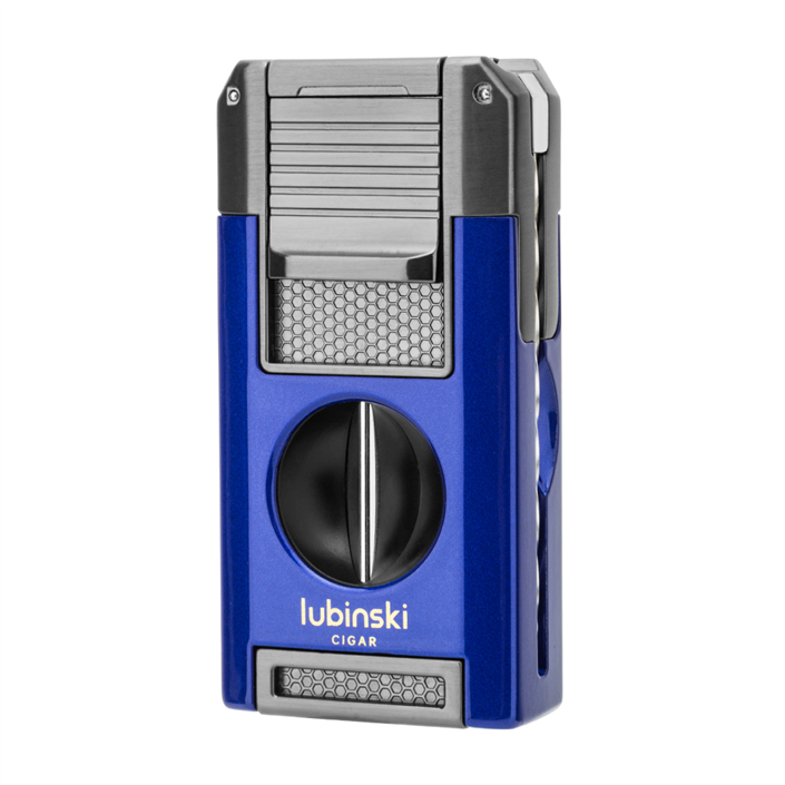 Lubinski Premium Çift Torch Puro Çakmağı Dahili V-Cut Kesici - Delici - İğne- Sehpa Mavi
