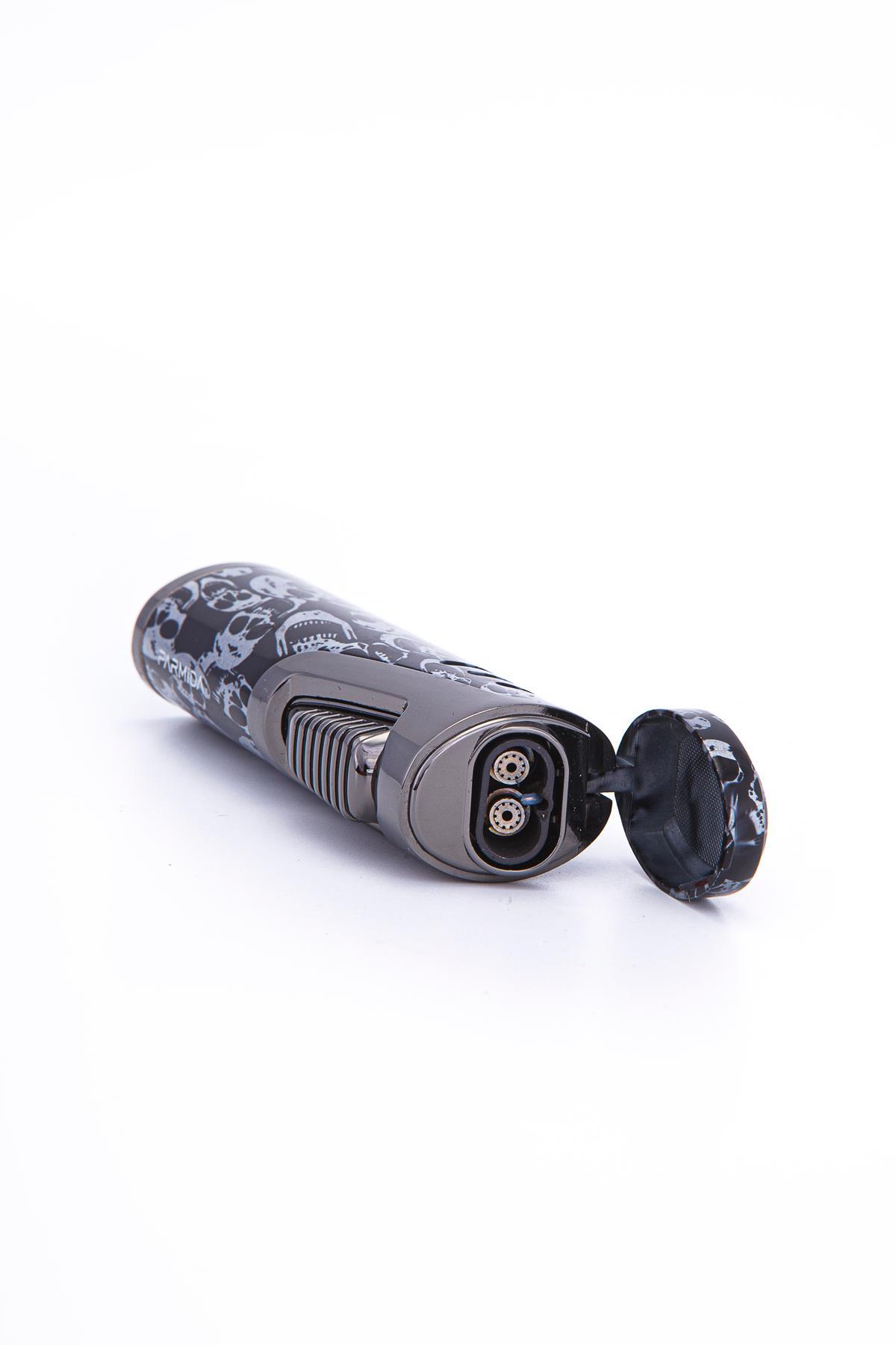 Parmida Skull Design Çift Torch Pürmüz Siyah Metal Puro Çakmağı