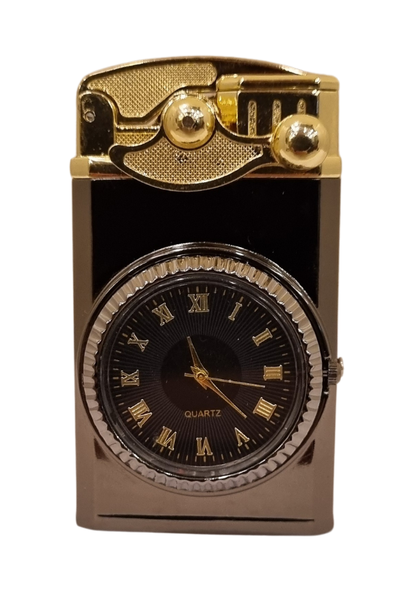 PremiumQuality Gunmetal-Gold Saat Desenli Çift Torch Pürmüz Metal Puro Çakmağı