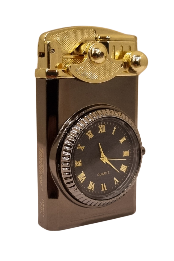 PremiumQuality Gunmetal-Gold Saat Desenli Çift Torch Pürmüz Metal Puro Çakmağı