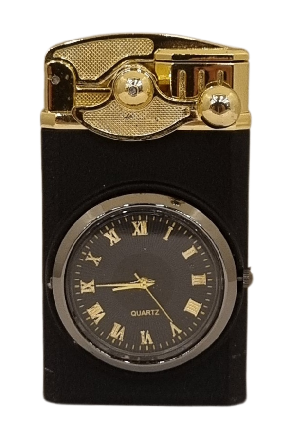 PremiumQuality Gold-Mat Siyah Saat Desenli Çift Torch Pürmüz Metal Puro Çakmağı