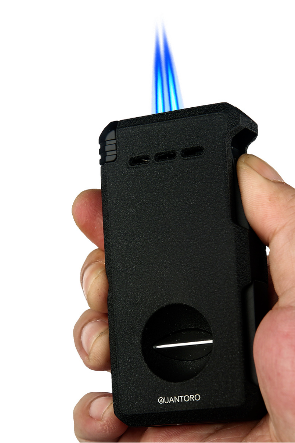 Quantoro Çift Torch Pürmüz V-Cut/Delicili/İğneli Mat Siyah Metal Puro Çakmağı