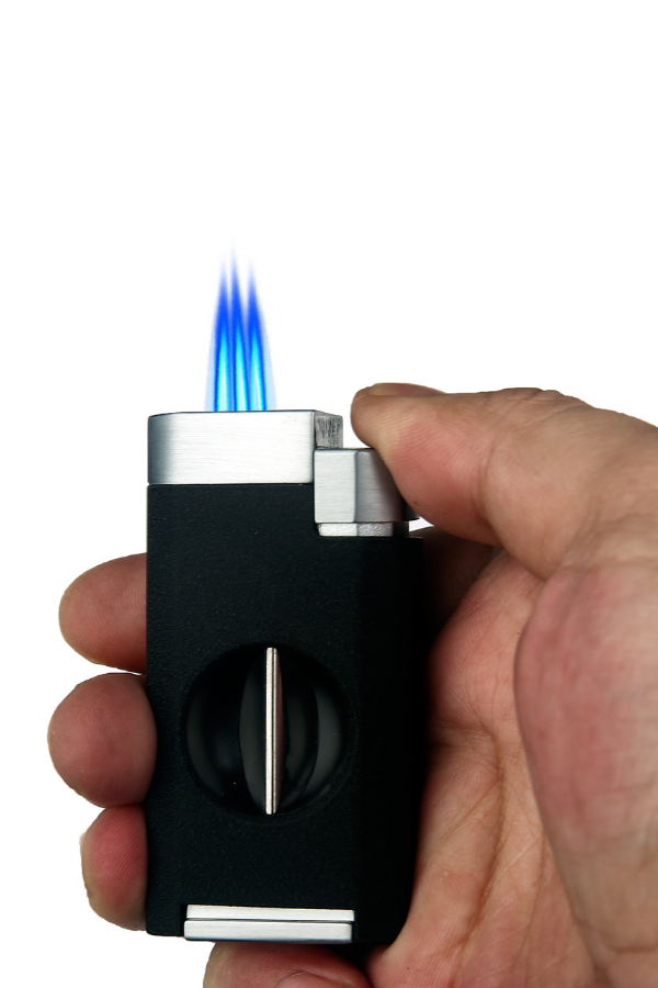 Quantoro Çift Torch Pürmüz V-Cut Kesicili Siyah-Gümüş  Metal Puro Çakmağı