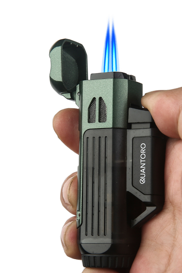 Quantoro Çift Torch Pürmüz Delicili/İğneli Yeşil Metal Puro Çakmağı