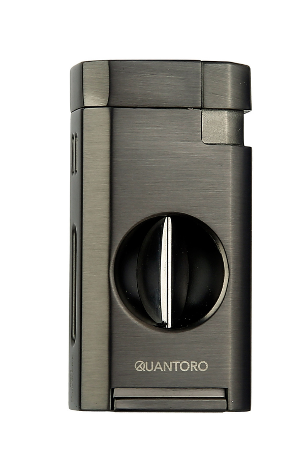 TRZ1068,Quantoro Çift Torch Pürmüz V-Cut Kesicili Gunmetal-Gümüş Metal Puro Çakmağı