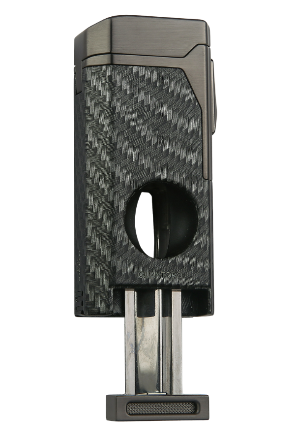 Quantoro Dört Torch Pürmüz V-Kesici/Delicili Siyah Karbon Desenli Metal Puro Çakmağı