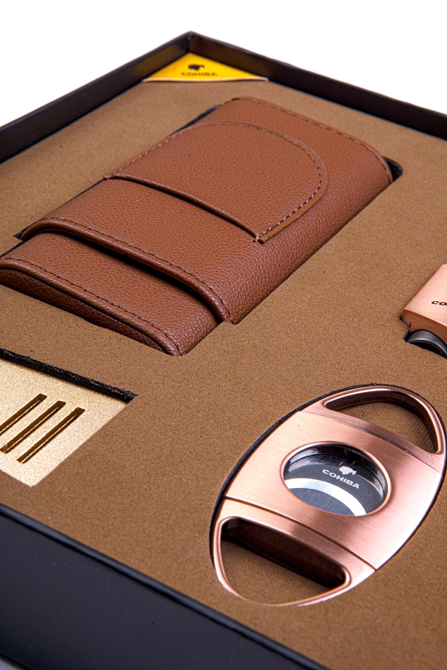 Cohiba Çakmak Kesici Kılıf Sehpa Bronz-Taba Dörtlü Puro Seti
