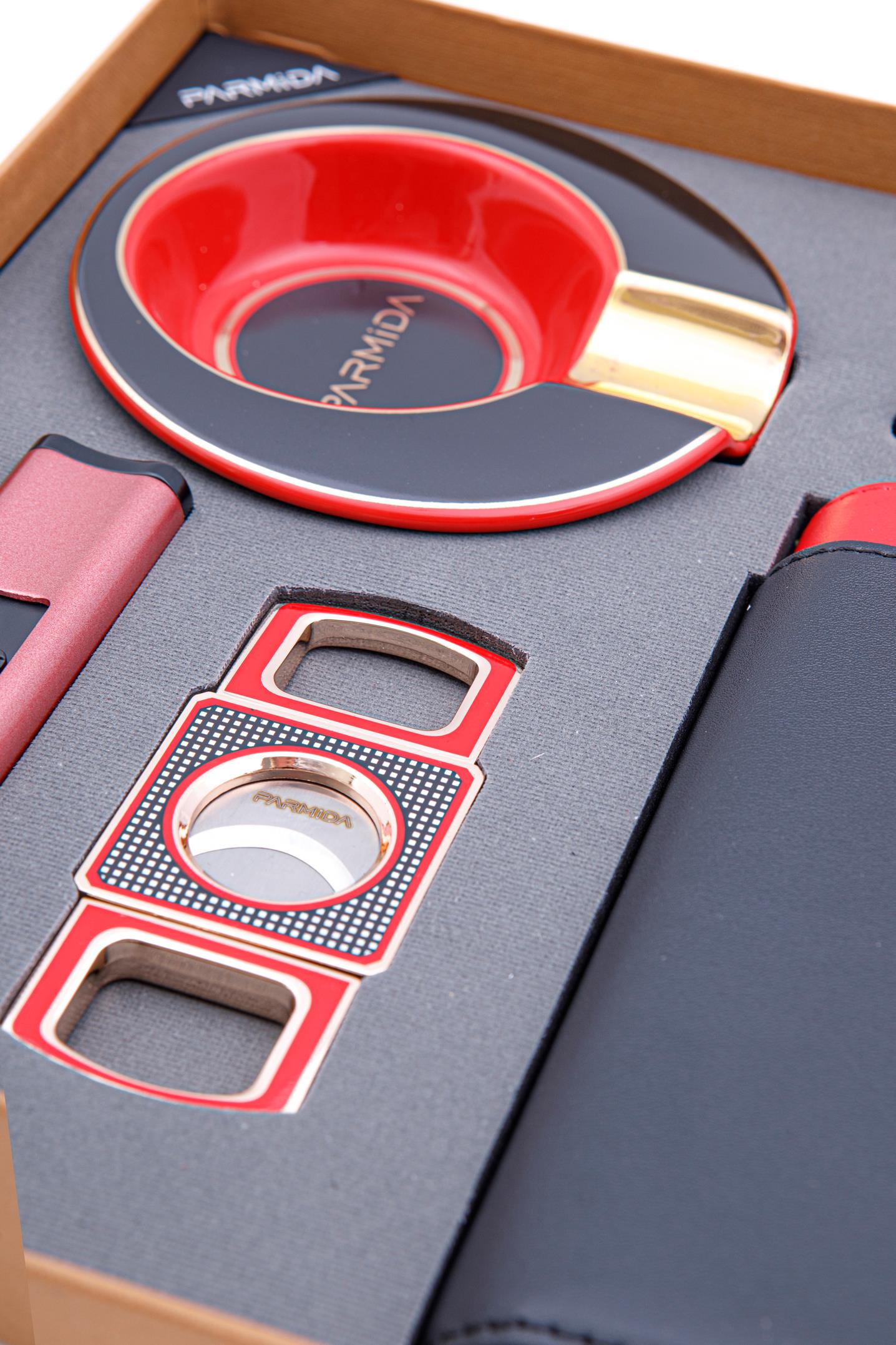 Parmida Çakmak Kesici Kılıf Küllük Beşli Kırmızı Puro Seti