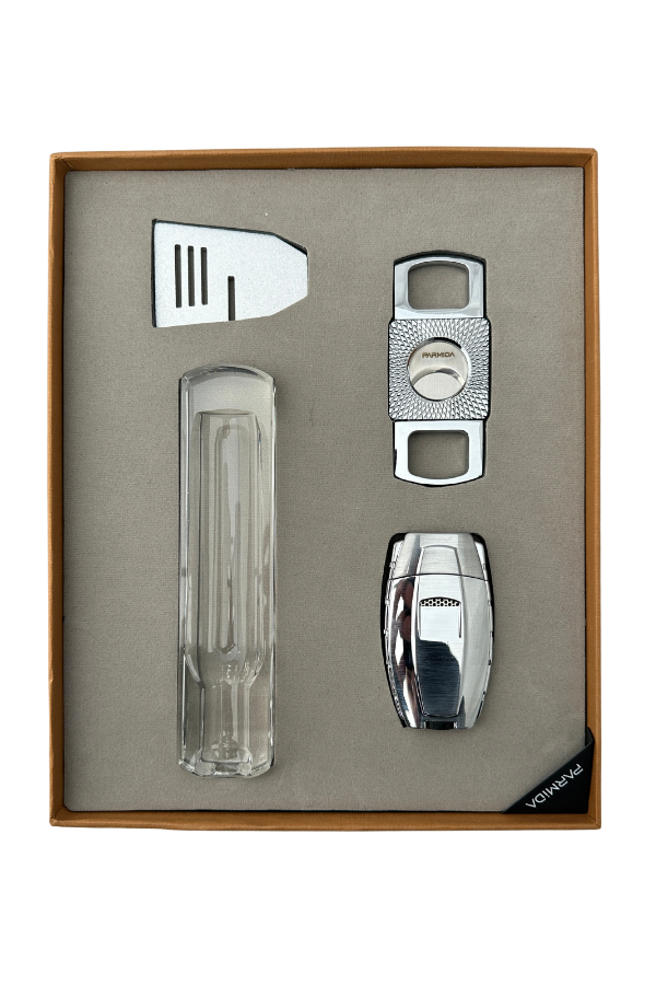 Parmida Çakmak Kesici Küllük Sehpa Dörtlü Gümüş Puro Seti