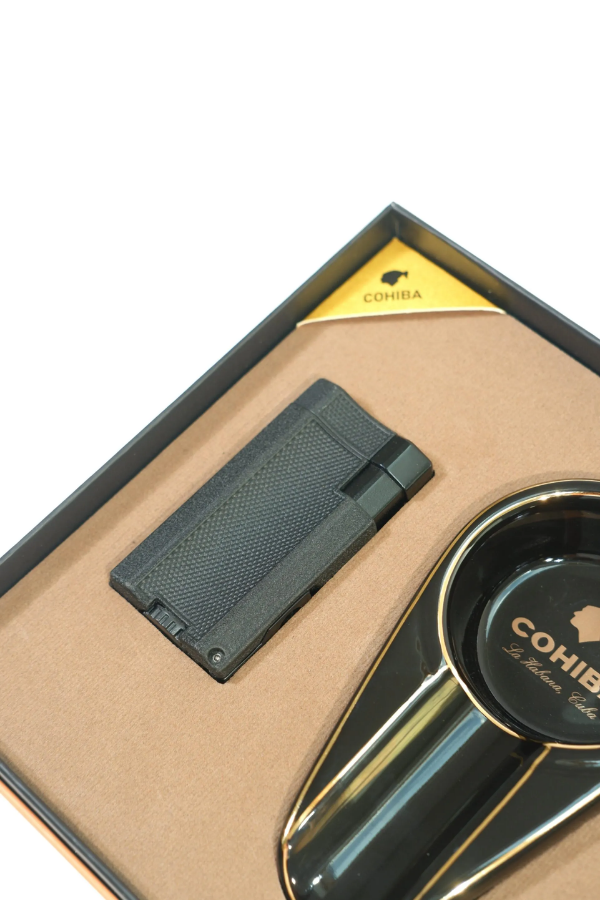 Cohiba Çift Torch Çakmak Porselen Tekli Küllük Siyah İkili Puro Seti