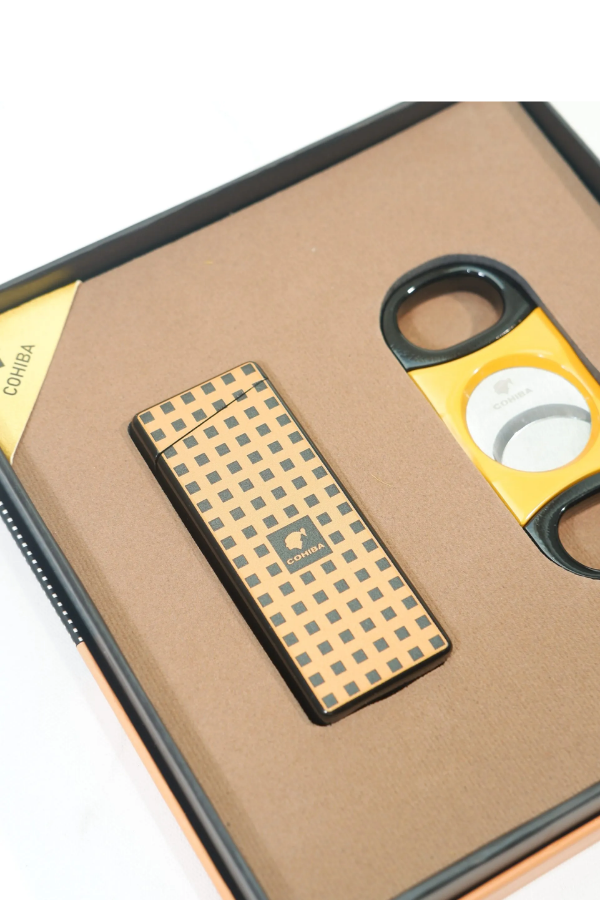 Cohiba Tek Torch Dama Desenli Çakmak Sarı Siyah Kesici İkili Puro Seti